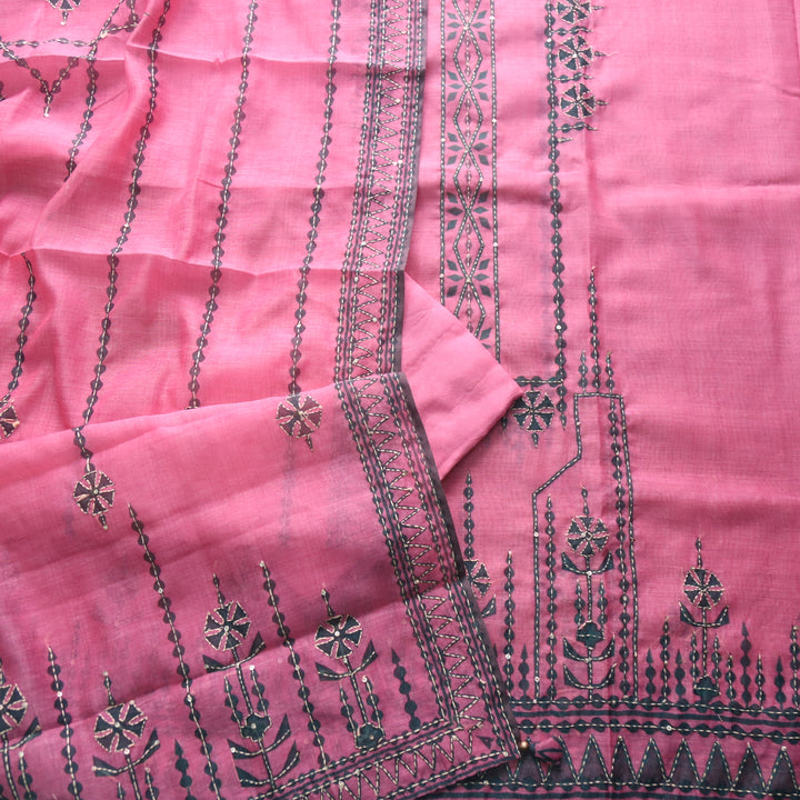 Dua Baby Pink Digital Print with Kantha Work Chanderi Suit Set