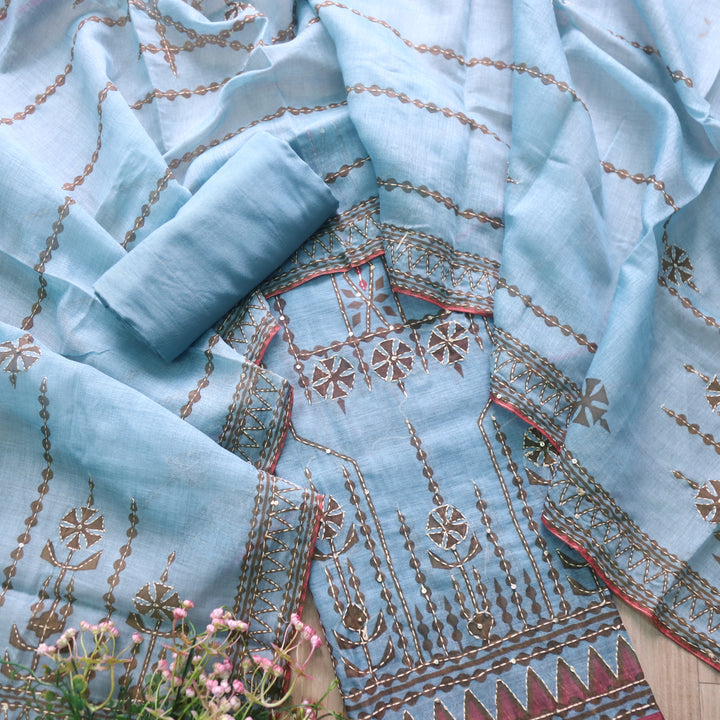 Dua Cyan Aqua Digital Print with Kantha Work Chanderi Suit Set