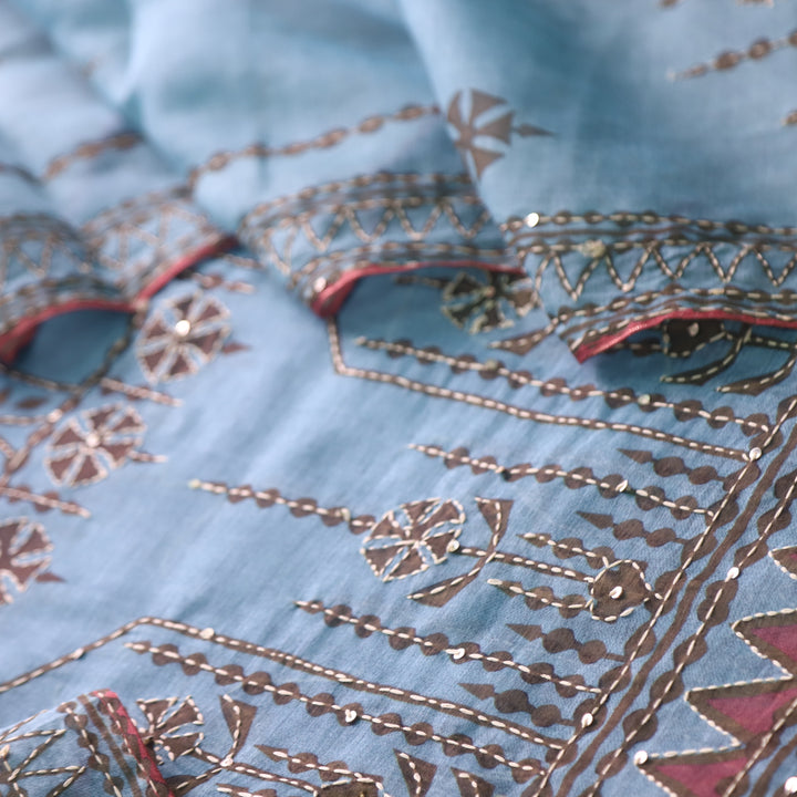 Dua Cyan Aqua Digital Print with Kantha Work Chanderi Suit Set