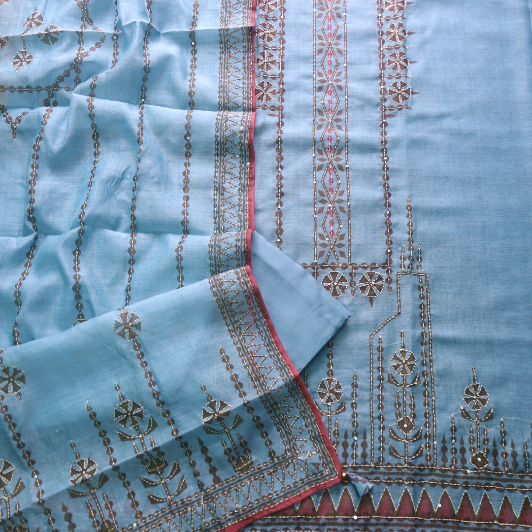 Dua Cyan Aqua Digital Print with Kantha Work Chanderi Suit Set