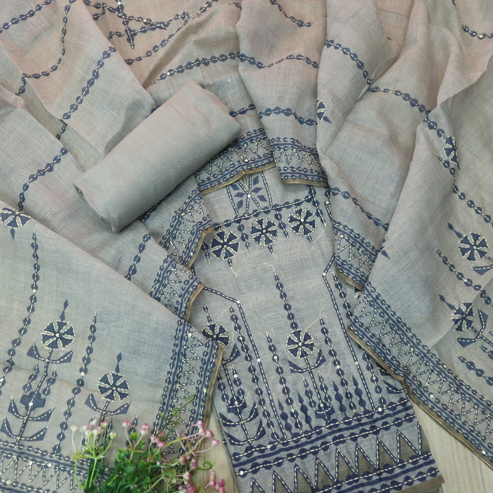 Dua Fossil Grey Digital Print with Kantha Work Chanderi Suit Set