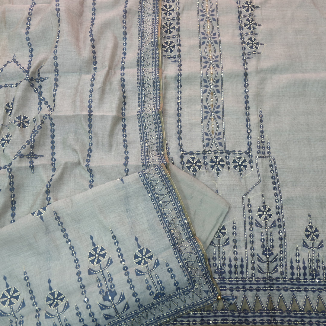 Dua Fossil Grey Digital Print with Kantha Work Chanderi Suit Set