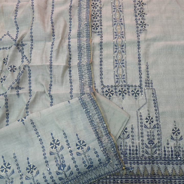 Dua Fossil Grey Digital Print with Kantha Work Chanderi Suit Set