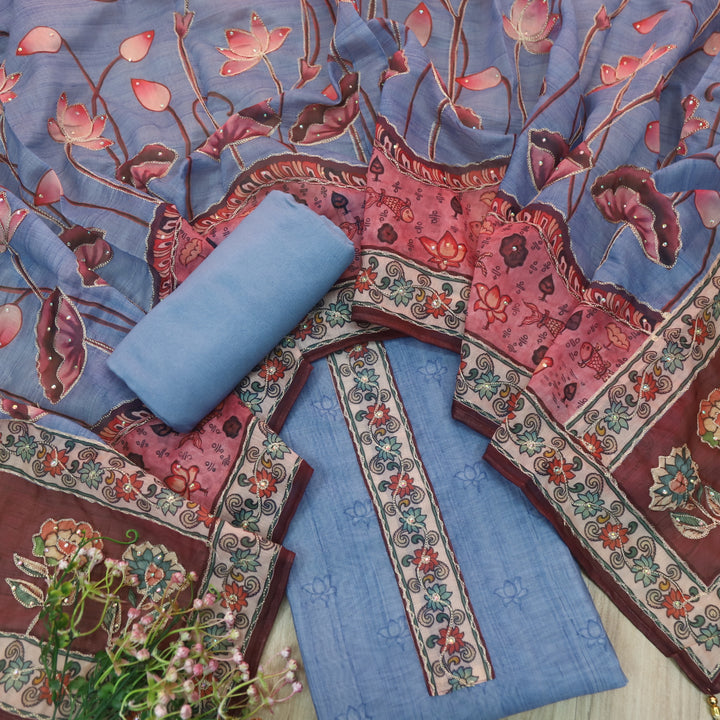 Tejasvi Pacific Blue Digital Pichwai Print Zari Work Chanderi Suit Set