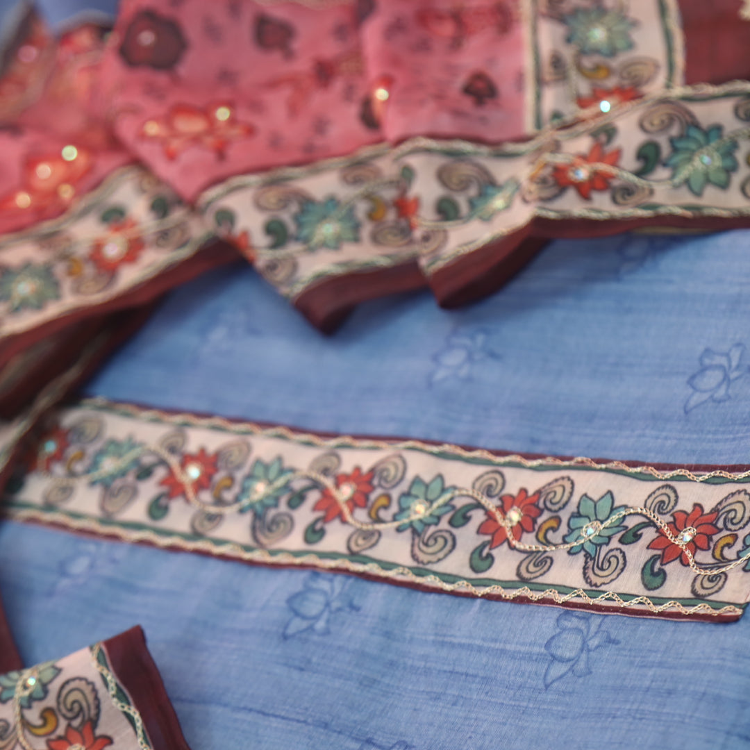 Tejasvi Pacific Blue Digital Pichwai Print Zari Work Chanderi Suit Set