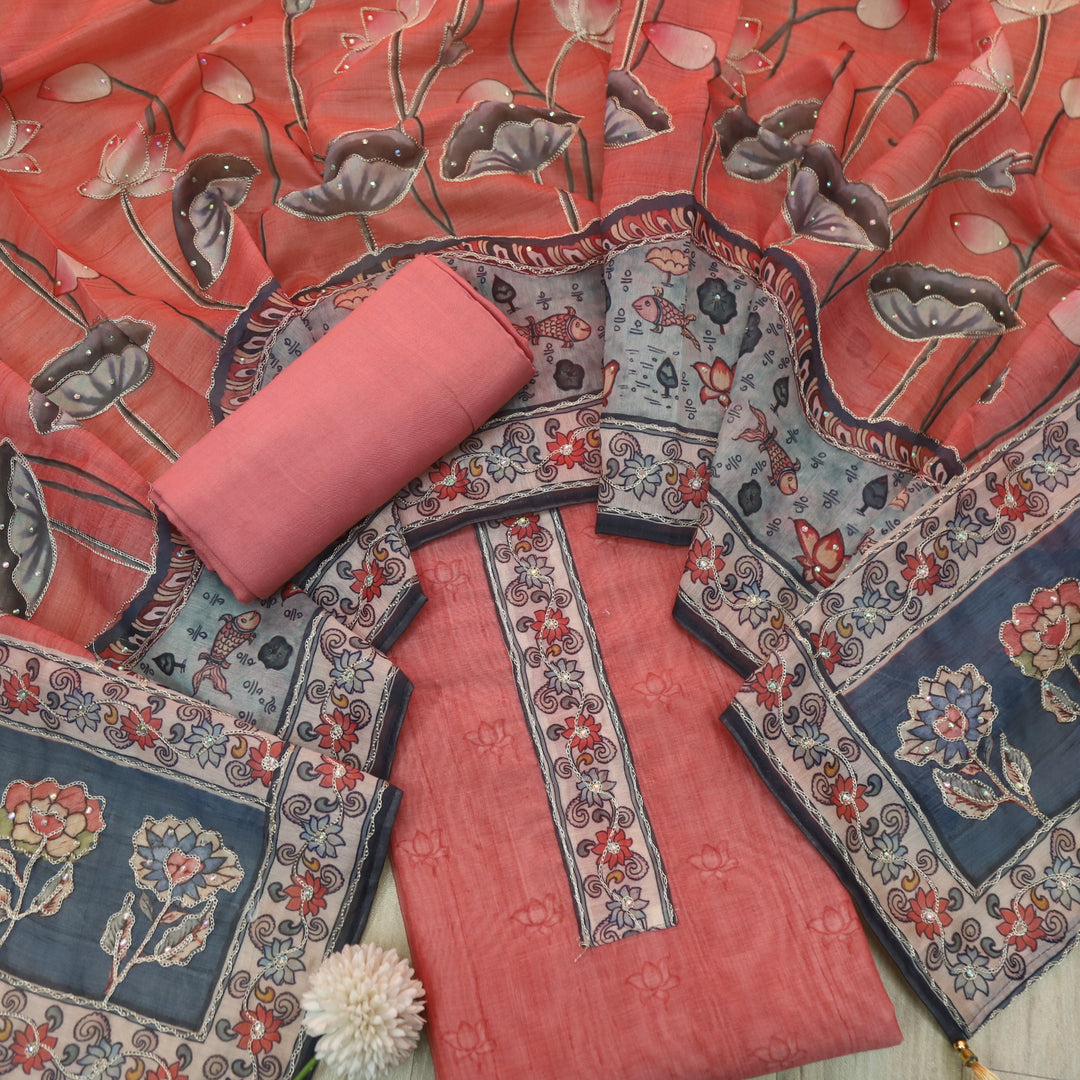 Tejasvi Coral Peach Digital Pichwai Print Zari Work Chanderi Suit Set