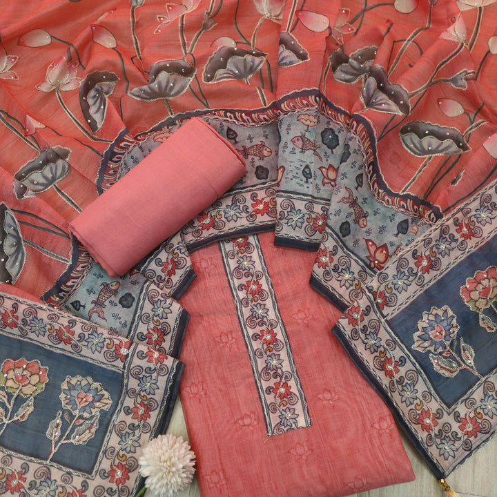Tejasvi Coral Peach Digital Pichwai Print Zari Work Chanderi Suit Set