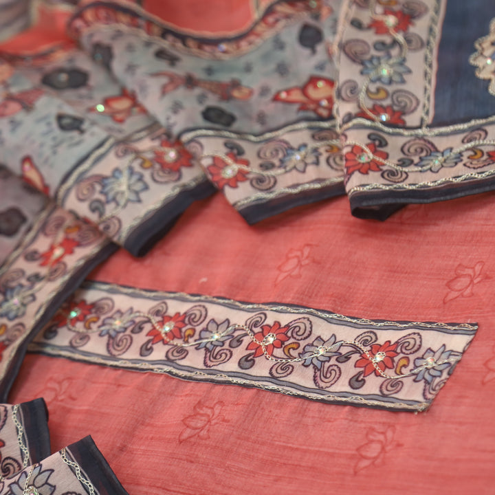 Tejasvi Coral Peach Digital Pichwai Print Zari Work Chanderi Suit Set