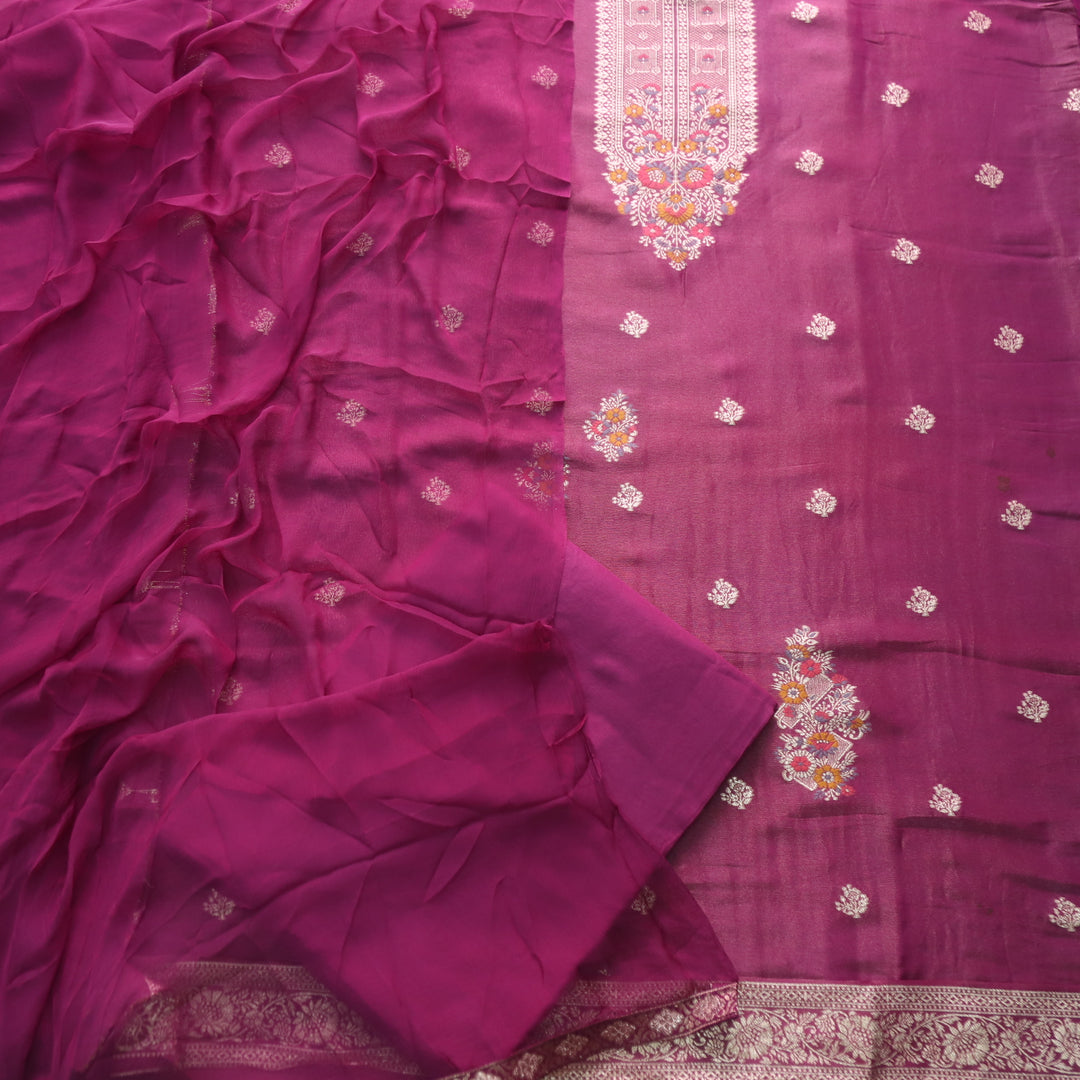 Takalluf Burgundy Purple Brocade Neck Work Shimmer Tissue Chanderi Suit Set