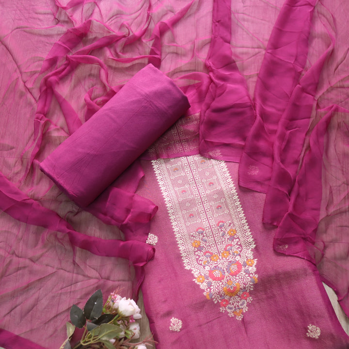 Takalluf Burgundy Purple Brocade Neck Work Shimmer Tissue Chanderi Suit Set