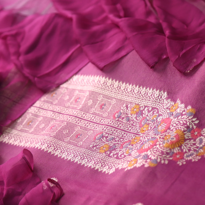 Takalluf Burgundy Purple Brocade Neck Work Shimmer Tissue Chanderi Suit Set
