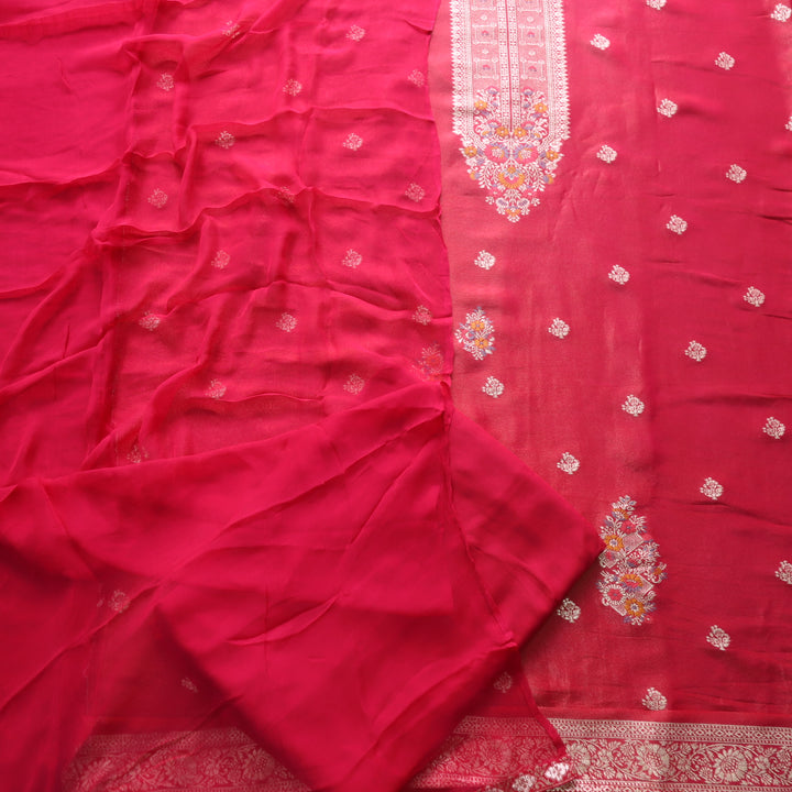 Takalluf Bride Red Brocade Neck Work Shimmer Tissue Chanderi Suit Set