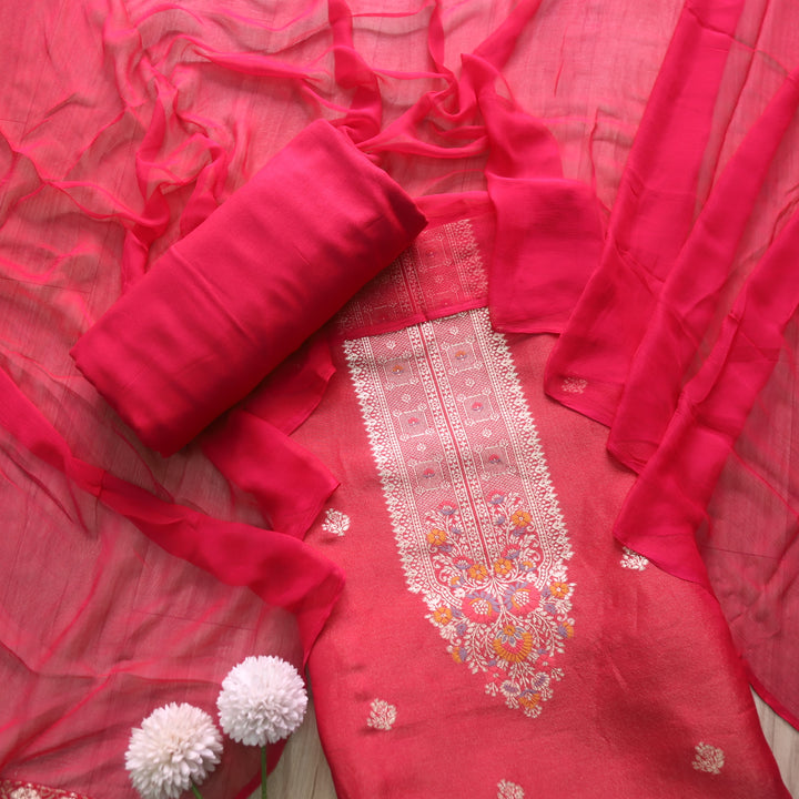Takalluf Bride Red Brocade Neck Work Shimmer Tissue Chanderi Suit Set