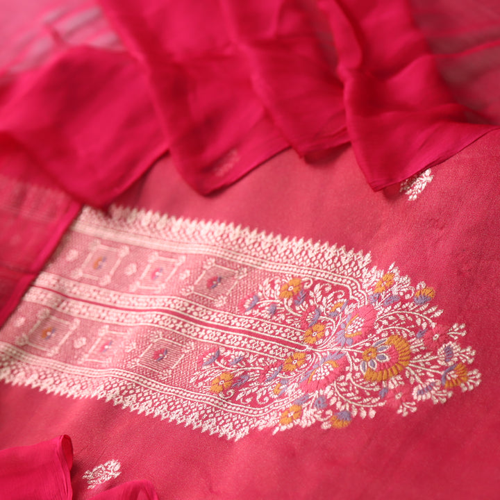 Takalluf Bride Red Brocade Neck Work Shimmer Tissue Chanderi Suit Set
