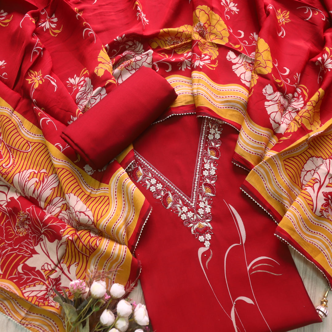 Takalluf Blood Maroon V Embellish Neck Work Modal Suit Set