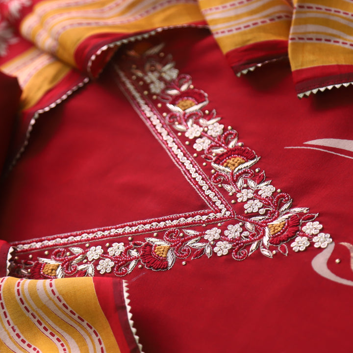 Takalluf Blood Maroon V Embellish Neck Work Modal Suit Set