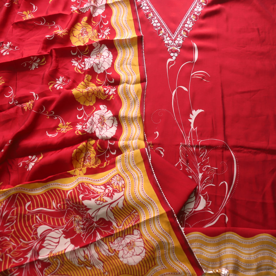 Takalluf Blood Maroon V Embellish Neck Work Modal Suit Set