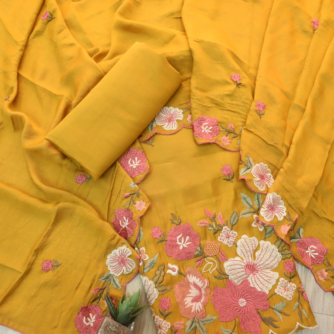 Hridaya Dijon Yellow Thread Embroidered Hem Modal Suit Set