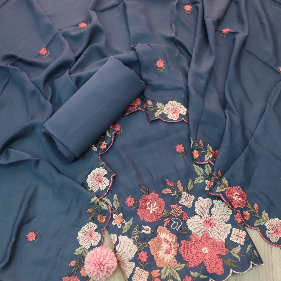 Hridaya Navy Blue Thread Embroidered Hem Modal Suit Set