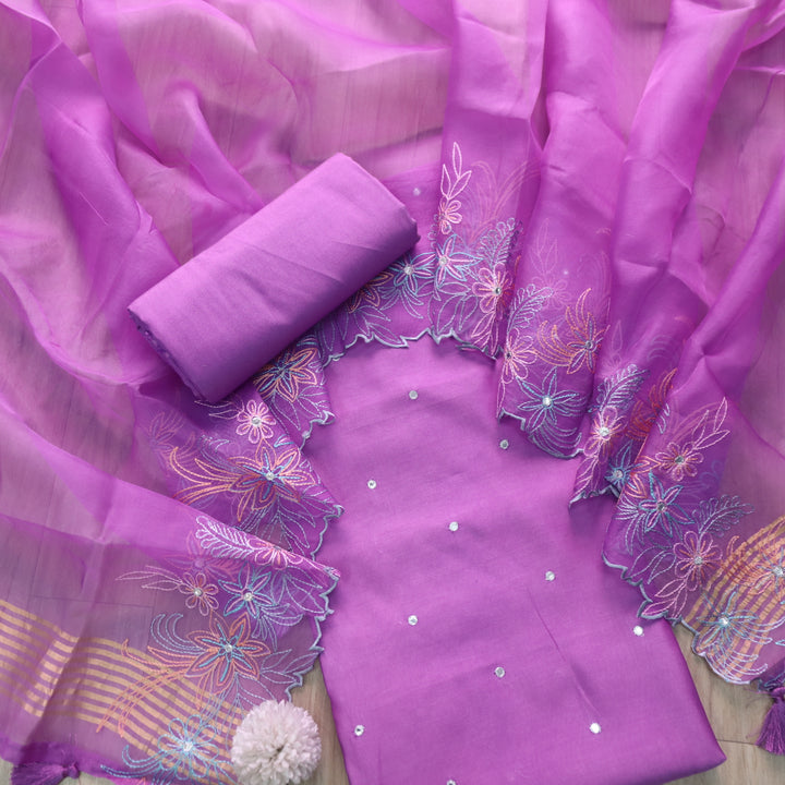 Gulshan Deep Lilac Patra Work Premium Pure Chanderi Suit Set