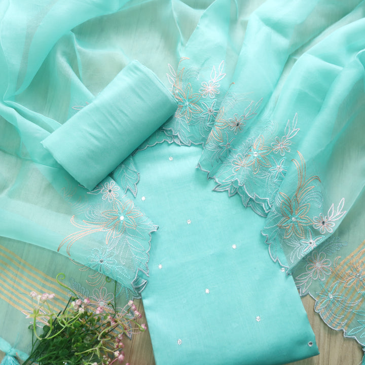 Gulshan Aquamarine Teal Patra Work Premium Pure Chanderi Suit Set