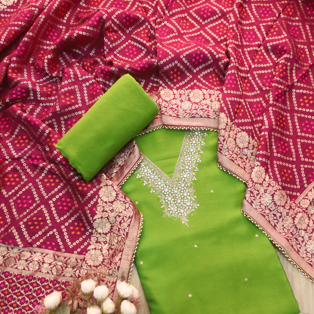 Mohataaz Grass Green V Embellished Neck Work Dola Silk Suit Set