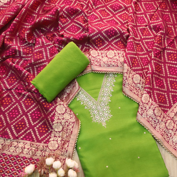 Mohataaz Grass Green V Embellished Neck Work Dola Silk Suit Set