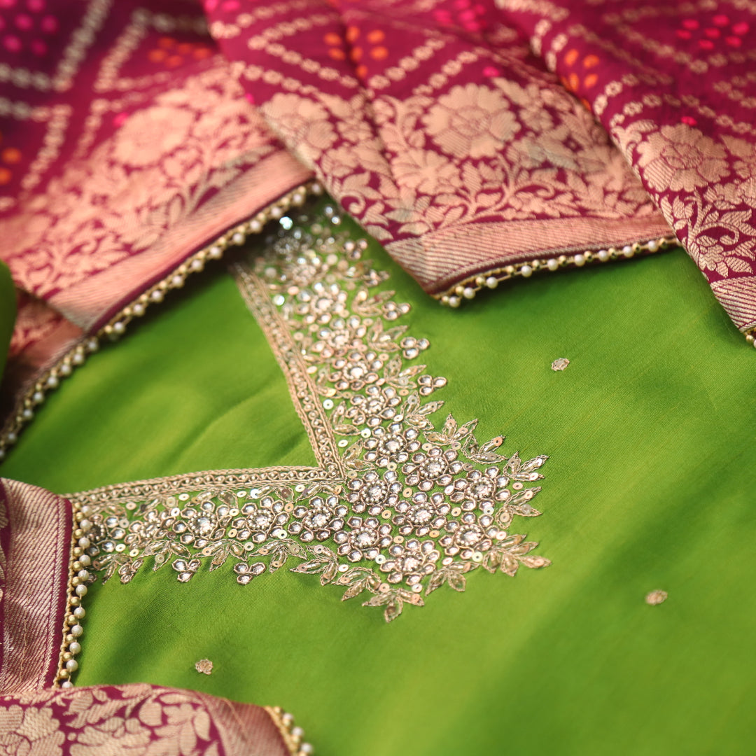 Mohataaz Grass Green V Embellished Neck Work Dola Silk Suit Set