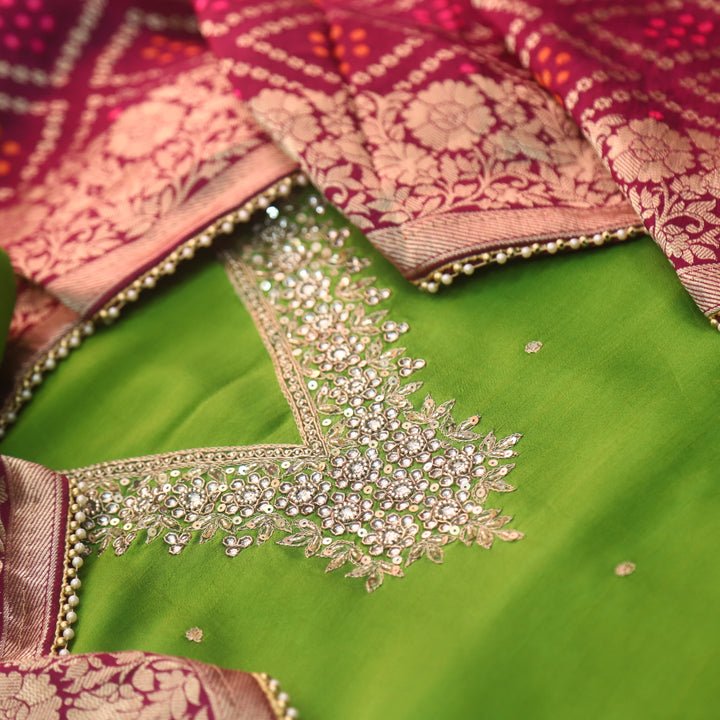 Mohataaz Grass Green V Embellished Neck Work Dola Silk Suit Set
