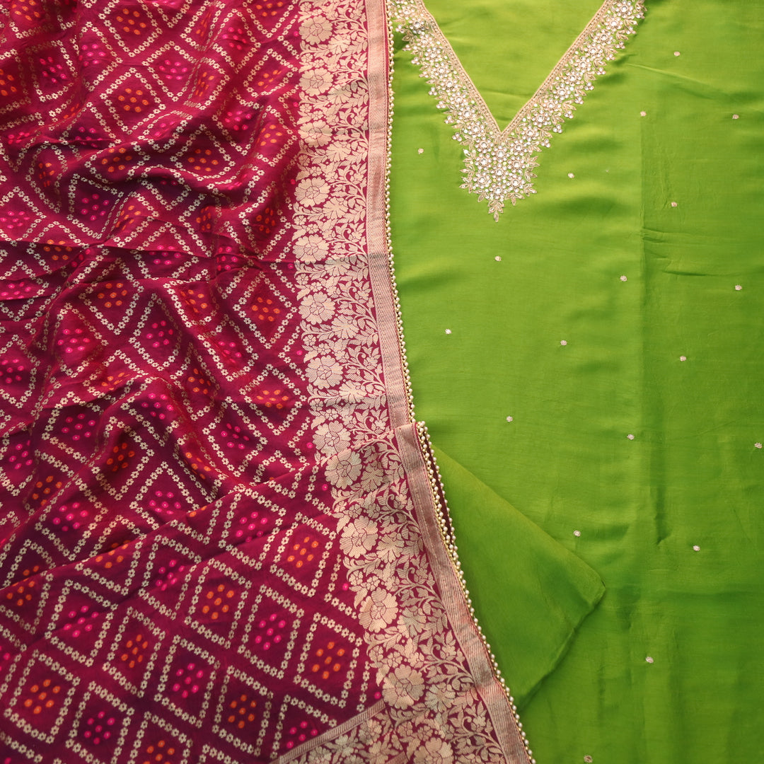 Mohataaz Grass Green V Embellished Neck Work Dola Silk Suit Set