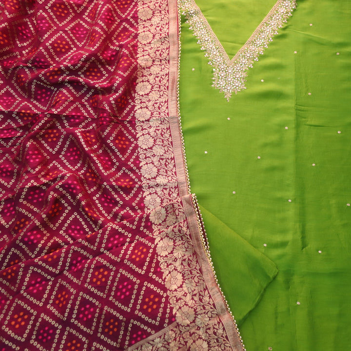 Mohataaz Grass Green V Embellished Neck Work Dola Silk Suit Set