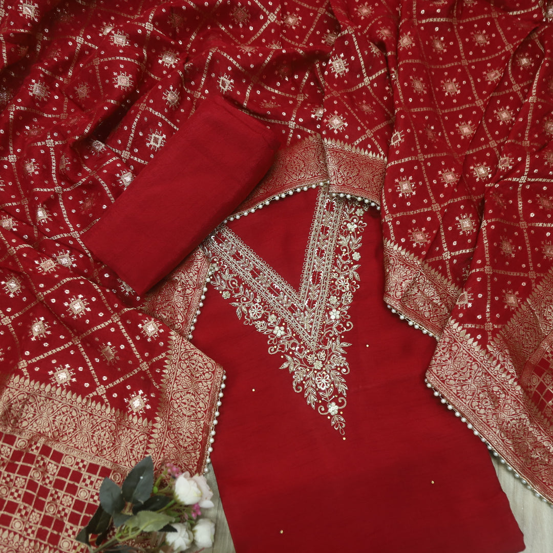 Mohataaz Garnet Red V Embellished Neck Work Dola Silk Suit Set