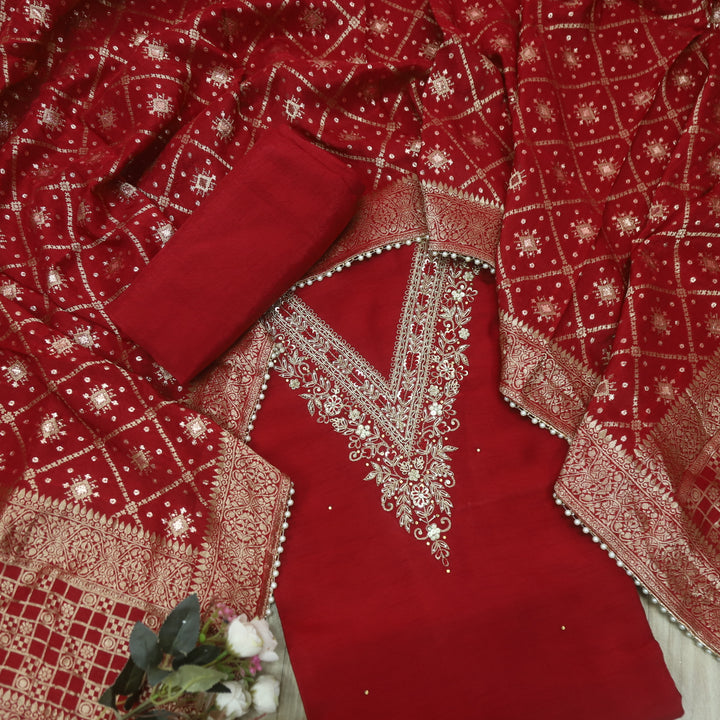 Mohataaz Garnet Red V Embellished Neck Work Dola Silk Suit Set