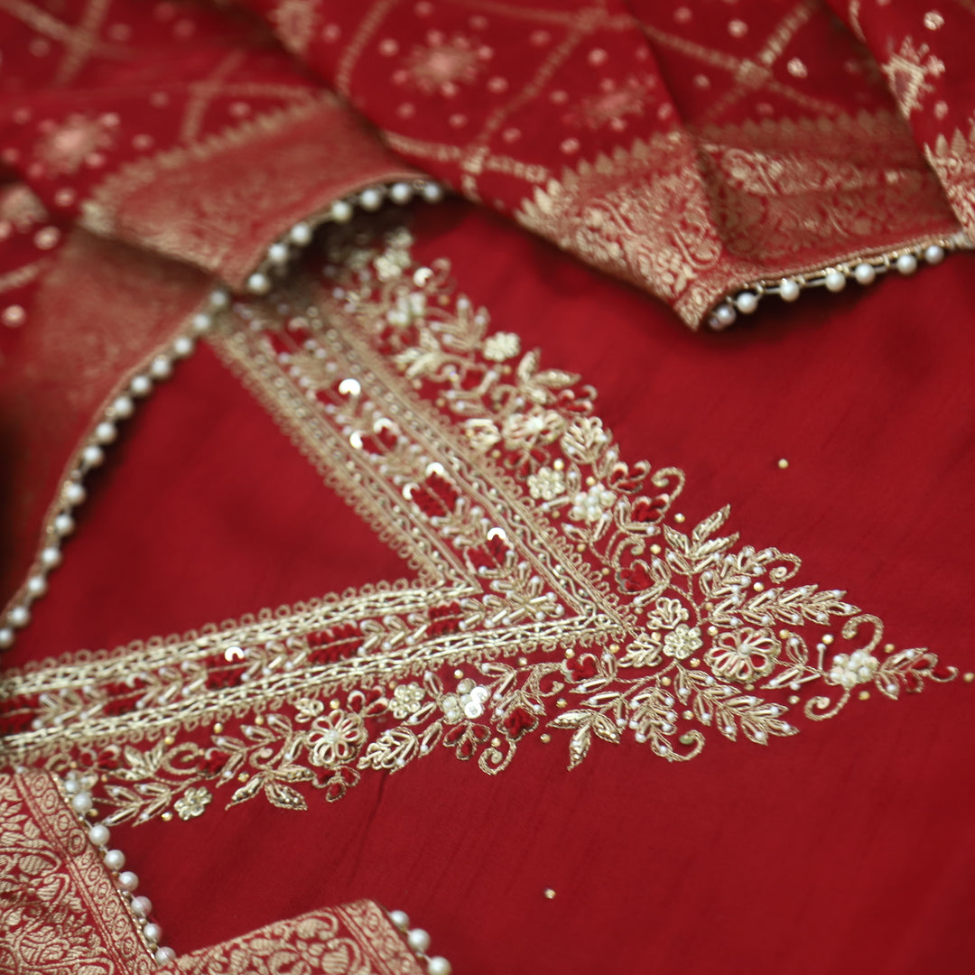 Mohataaz Garnet Red V Embellished Neck Work Dola Silk Suit Set