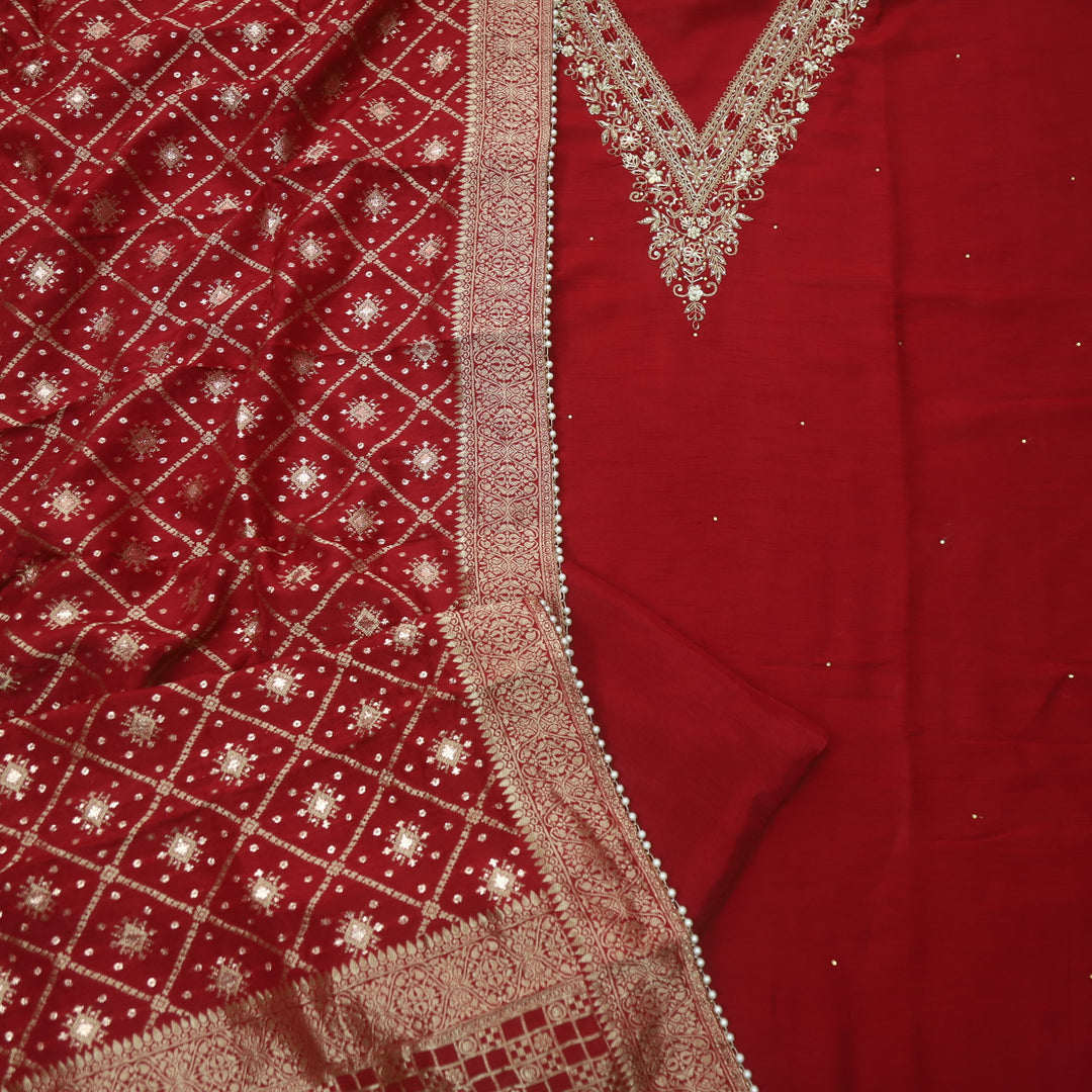 Mohataaz Garnet Red V Embellished Neck Work Dola Silk Suit Set