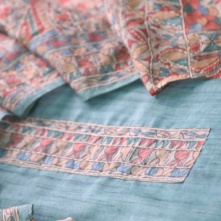 Kush Pebble Blue Madhubani Printed Chanderi Kantha Work Suit Set