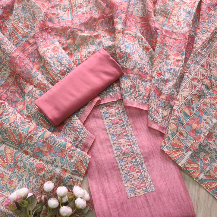 Kush Rouge Pink Madhubani Printed Chanderi Kantha Work Suit Set