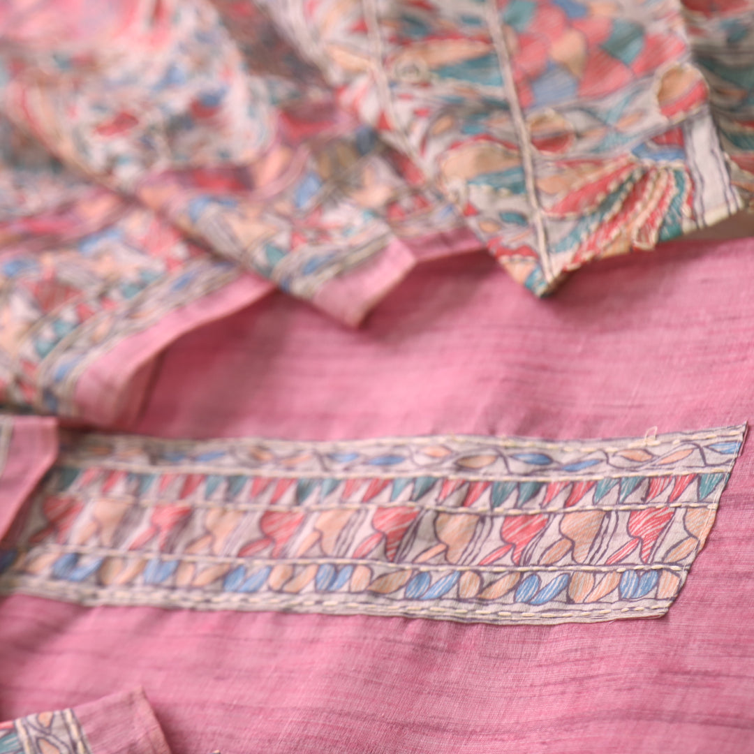 Kush Rouge Pink Madhubani Printed Chanderi Kantha Work Suit Set