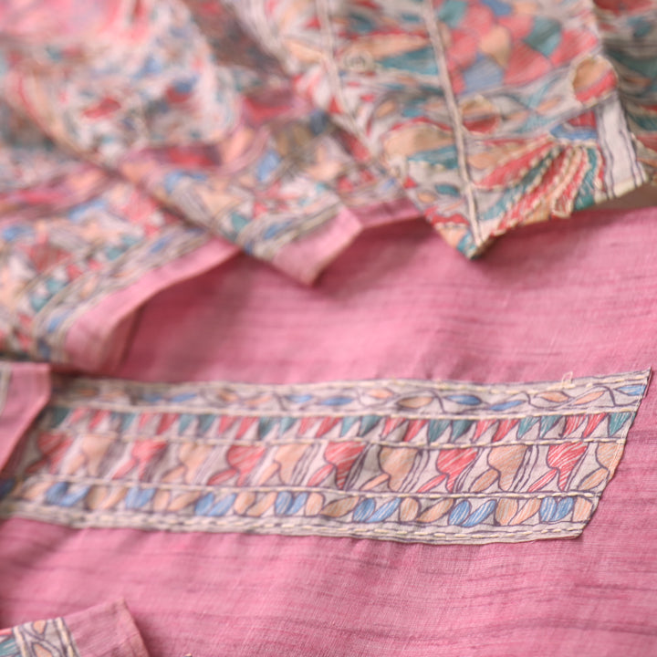 Kush Rouge Pink Madhubani Printed Chanderi Kantha Work Suit Set