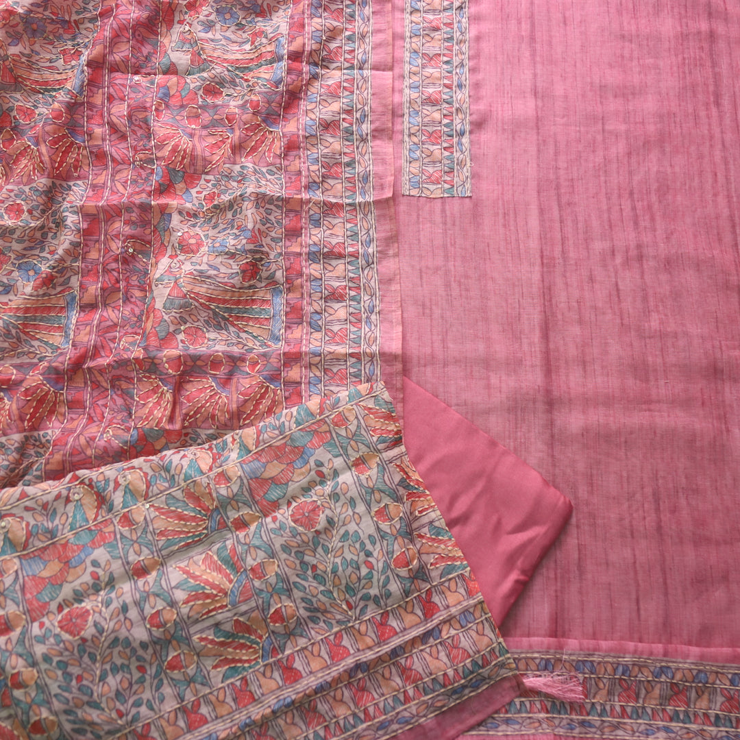 Kush Rouge Pink Madhubani Printed Chanderi Kantha Work Suit Set