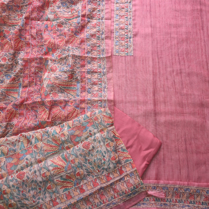 Kush Rouge Pink Madhubani Printed Chanderi Kantha Work Suit Set