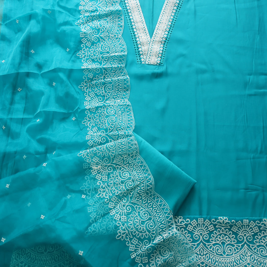 Kush Aqua Teal V Neck Thread Weaved Neck Work Modal Suit Set