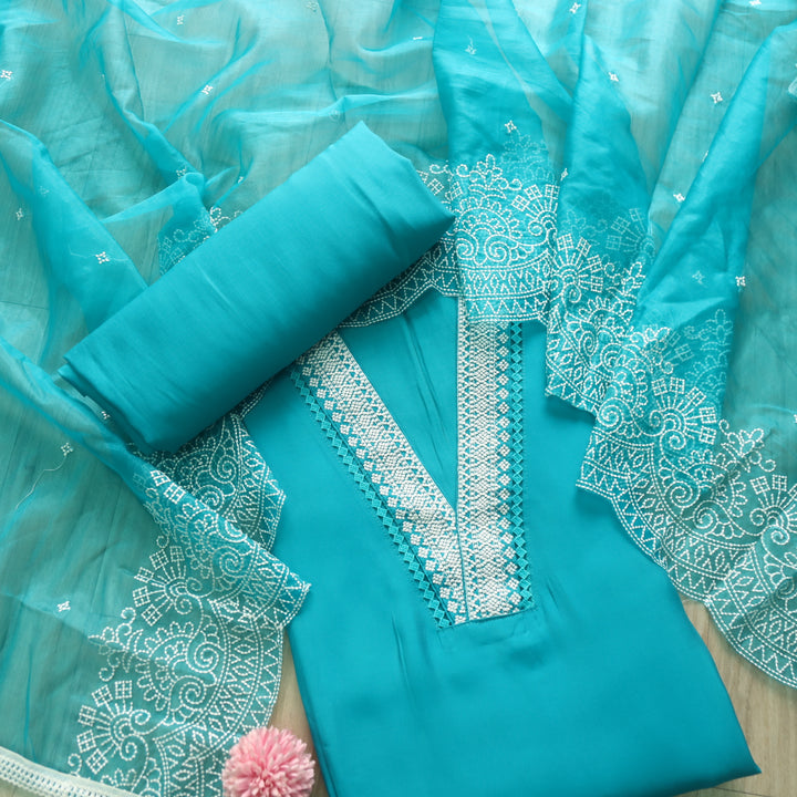 Kush Aqua Teal V Neck Thread Weaved Neck Work Modal Suit Set