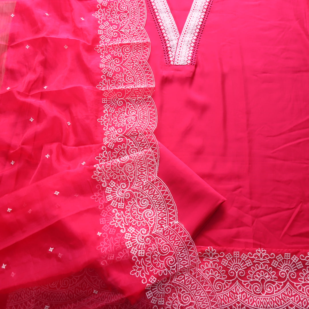 Kush Hot Pink V Neck Thread Weaved Neck Work Modal Suit Set