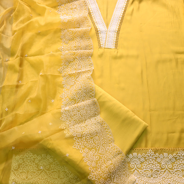 Kush Corn Yellow V Neck Thread Weaved Neck Work Modal Suit Set