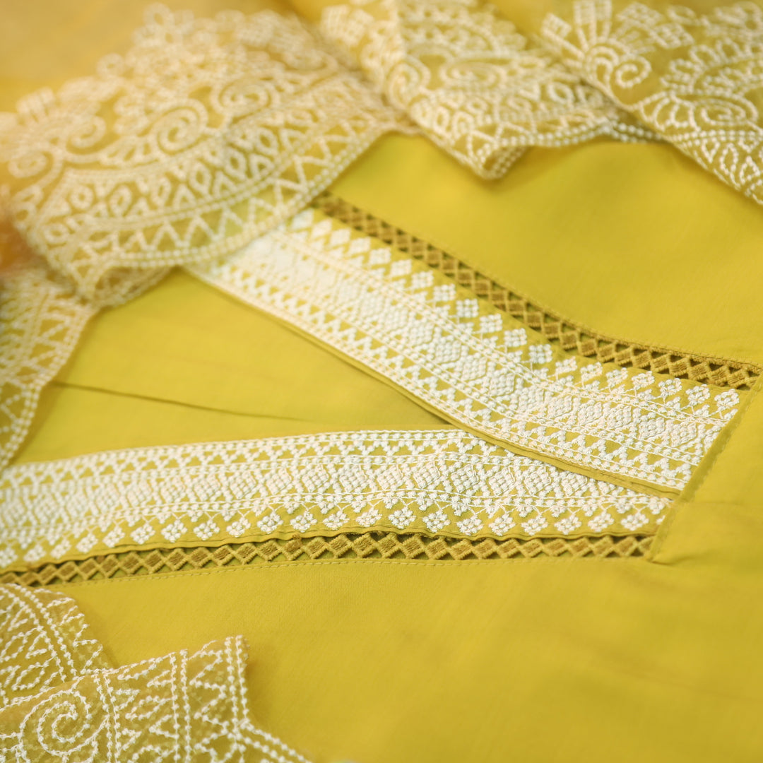 Kush Corn Yellow V Neck Thread Weaved Neck Work Modal Suit Set