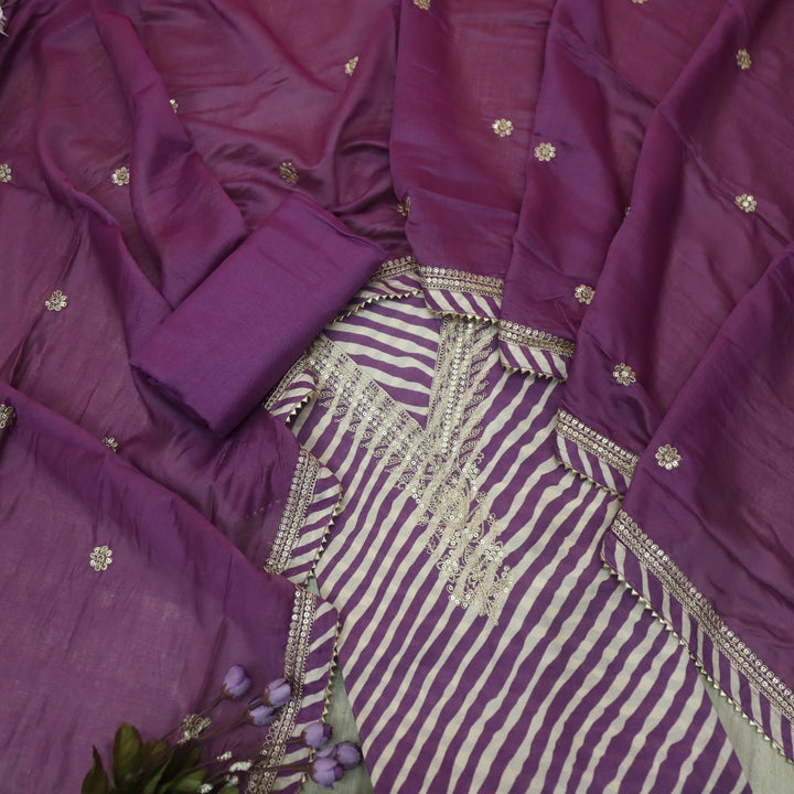 Vairagya Beige with Purple Leheriya Printed V Embellish Neck Modal Suit Set