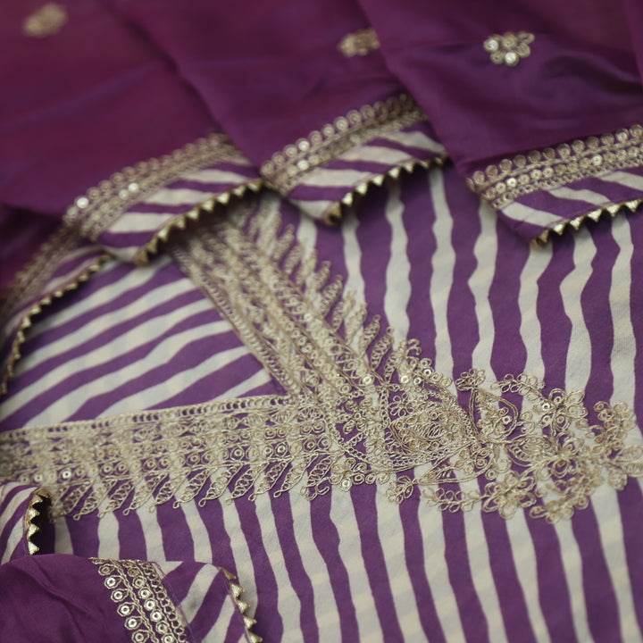Vairagya Beige with Purple Leheriya Printed V Embellish Neck Modal Suit Set