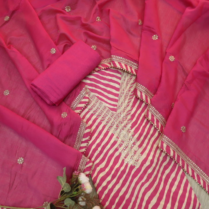 Vairagya Beige with Pink Leheriya Printed V Embellish Neck Modal Suit Set