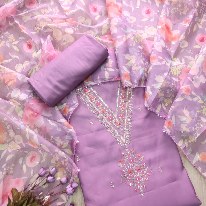 Ishaani Lavish Lavender Embellished V Neck Zari Work Modal Suit Set
